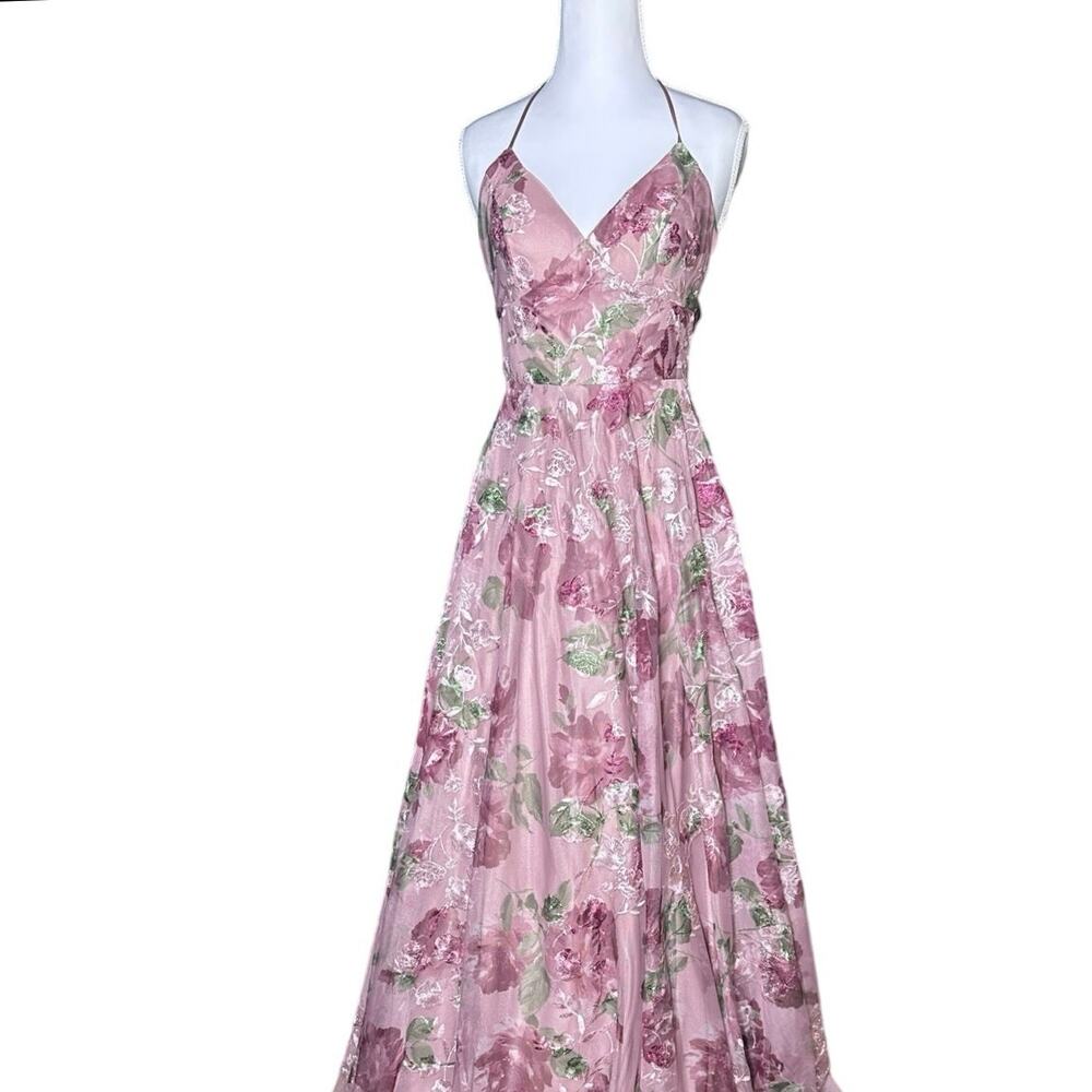 Floral Embroidery Pink Lace Spaghetti Strap Crisscross Back Formal Ballgown